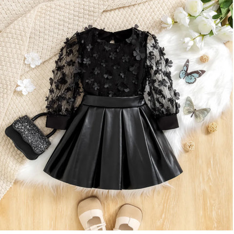 3D Floral Mesh Top & Faux Leather Skirt Set – All Black Elegance (1-7 Years)