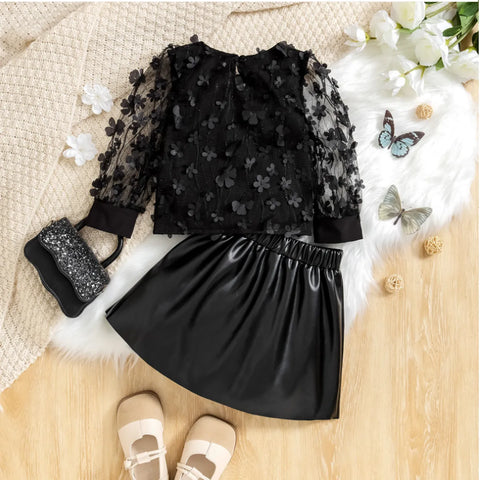 3D Floral Mesh Top & Faux Leather Skirt Set – All Black Elegance (1-7 Years)