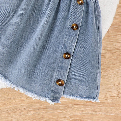 “Sorry or Whatever” Slogan Top & Buttoned Denim Skirt Set (2-7 Years)