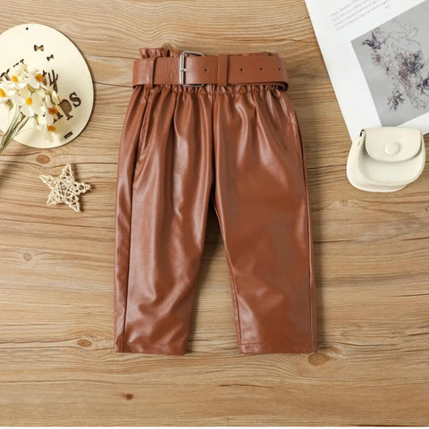 Puff Sleeve Knit Top & Faux Leather Belted Pants Set (1-6 Years)