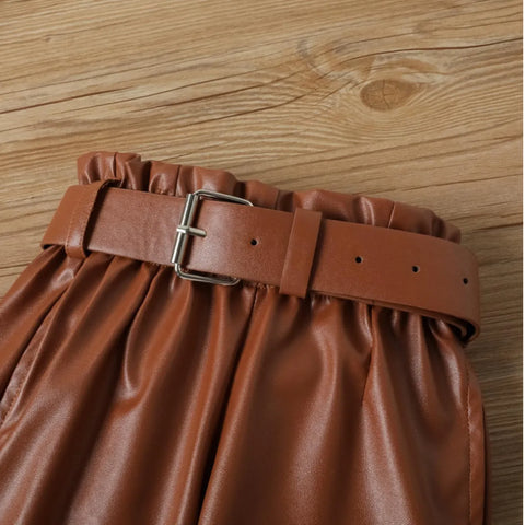 Puff Sleeve Knit Top & Faux Leather Belted Pants Set (1-6 Years)