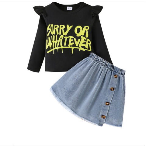 “Sorry or Whatever” Slogan Top & Buttoned Denim Skirt Set (2-7 Years)