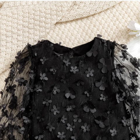 3D Floral Mesh Top & Faux Leather Skirt Set – All Black Elegance (1-7 Years)