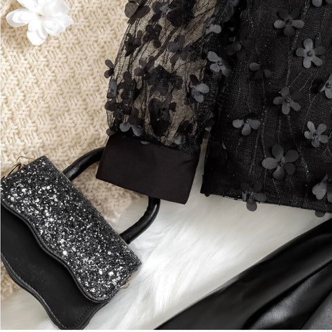 3D Floral Mesh Top & Faux Leather Skirt Set – All Black Elegance (1-7 Years)