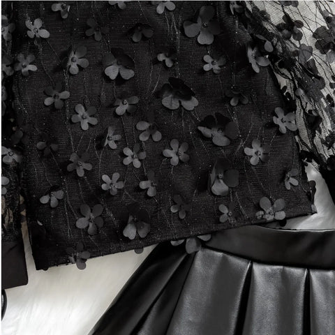 3D Floral Mesh Top & Faux Leather Skirt Set – All Black Elegance (1-7 Years)