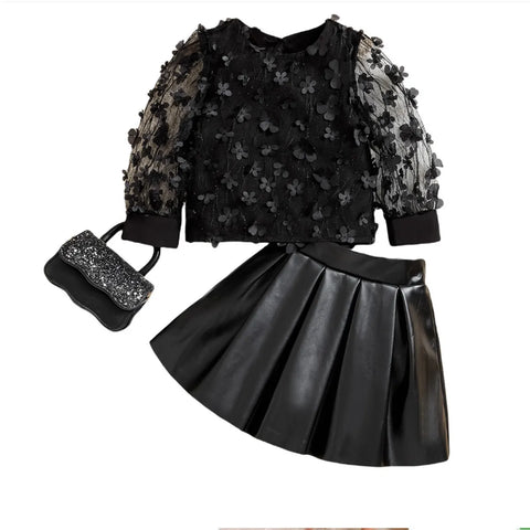 3D Floral Mesh Top & Faux Leather Skirt Set – All Black Elegance (1-7 Years)