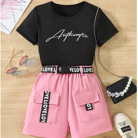Black “Authentic” T-Shirt & Pink Pocket Shorts Set for Girls