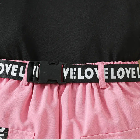 Black “Authentic” T-Shirt & Pink Pocket Shorts Set for Girls