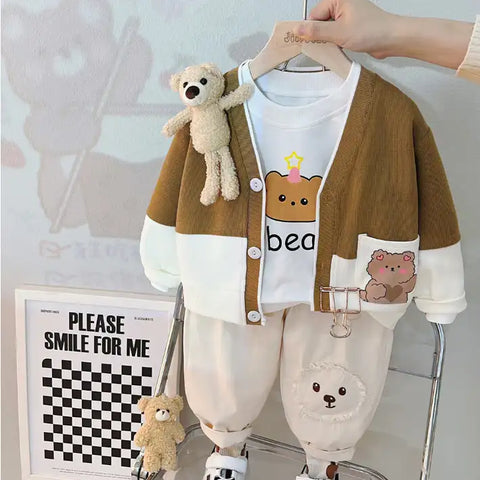 Toddler 3-Piece Animal Pocket Cardigan Set – Red, Brown, Pink (1-6 Years)