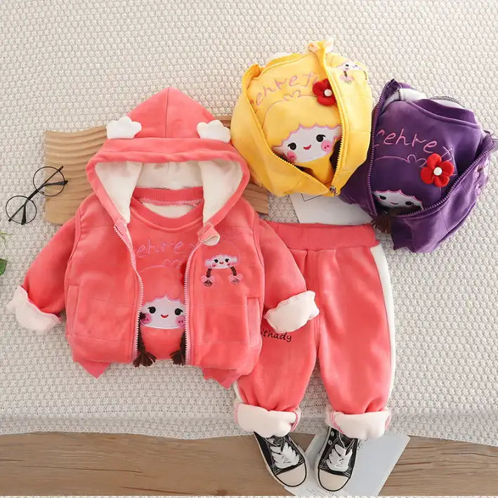 Girls 3-Piece Hoodie, Sweatshirt & Pants Set – Yellow, Pink, Purple (1-6 Years)