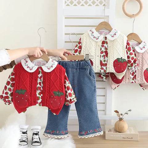 Toddler 3-Piece Strawberry Outfit with Vest, Shirt & Jeans – Red, White, Pink (1-5 Years)