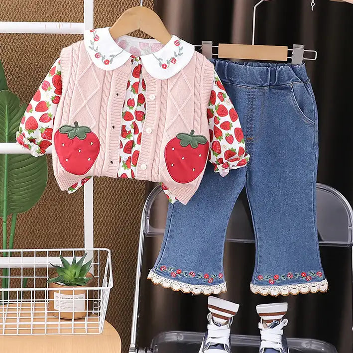 Toddler 3-Piece Strawberry Outfit with Vest, Shirt & Jeans – Red, White, Pink (1-5 Years)