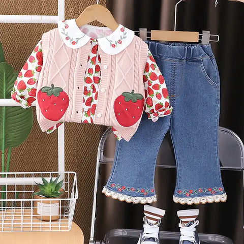 Toddler 3-Piece Strawberry Outfit with Vest, Shirt & Jeans – Red, White, Pink (1-5 Years)