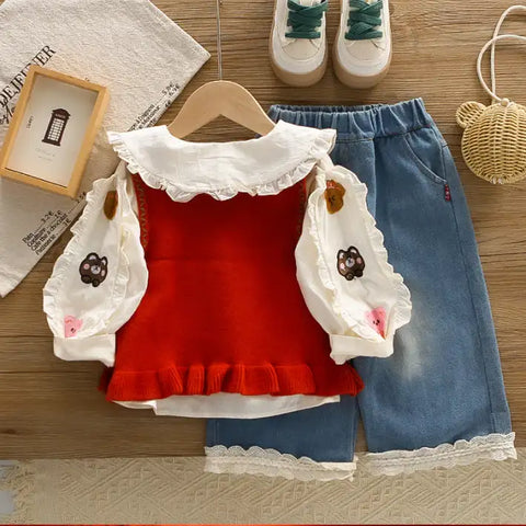 2-Piece Kids Bear Outfit with Denim Skirt – Pink or Red (1-5 Years)