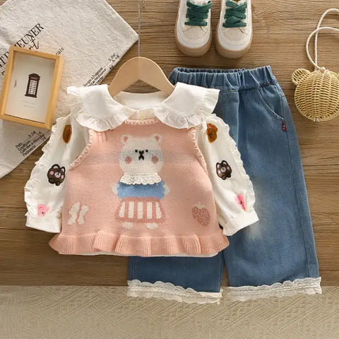 2-Piece Kids Bear Outfit with Denim Skirt – Pink or Red (1-5 Years)