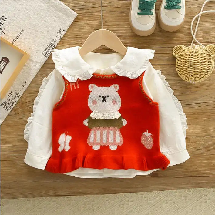 2-Piece Kids Bear Outfit with Denim Skirt – Pink or Red (1-5 Years)