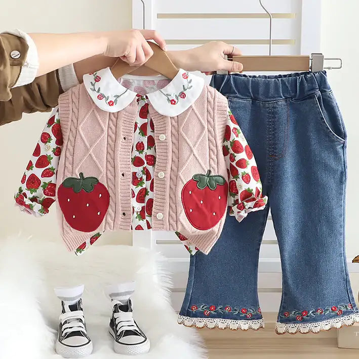 Toddler 3-Piece Strawberry Outfit with Vest, Shirt & Jeans – Red, White, Pink (1-5 Years)