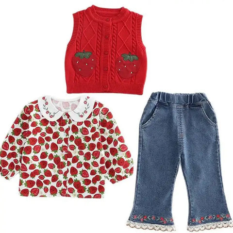 Toddler 3-Piece Strawberry Outfit with Vest, Shirt & Jeans – Red, White, Pink (1-5 Years)