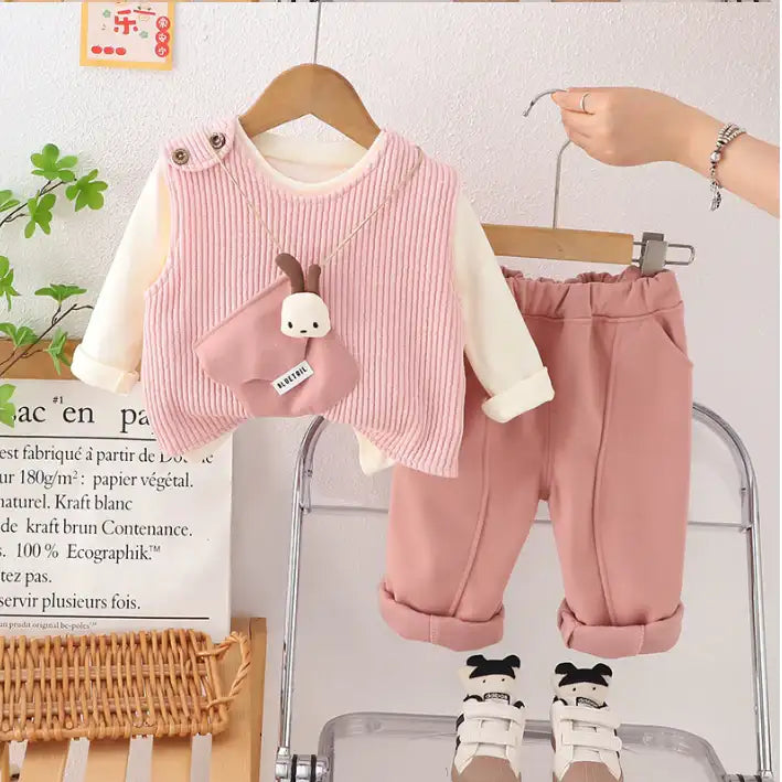 3-Piece Kids Vest Outfit with Plush Detail – Pink, Beige or Brown (1-5 Years)