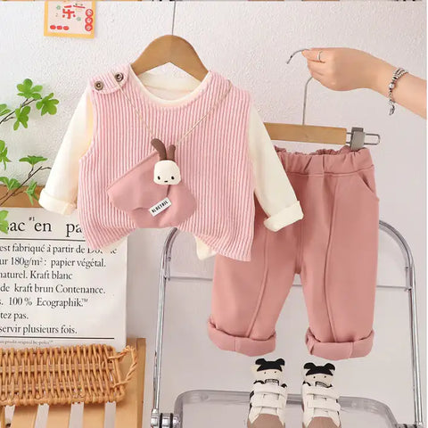 3-Piece Kids Vest Outfit with Plush Detail – Pink, Beige or Brown (1-5 Years)