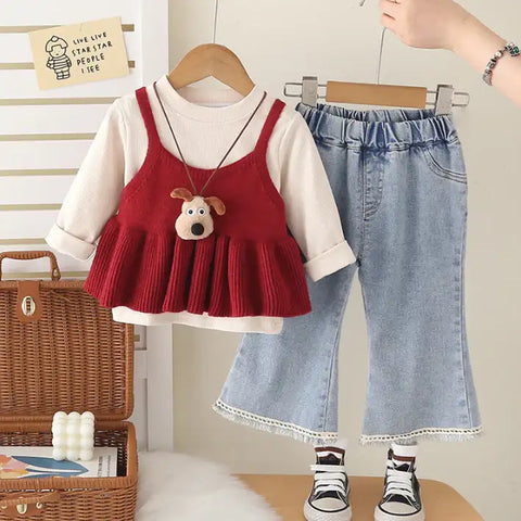 3-Piece Kids Outfit with Knit Top & Jeans – Yellow or Red (1-5 Years)