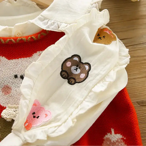 2-Piece Kids Bear Outfit with Denim Skirt – Pink or Red (1-5 Years)