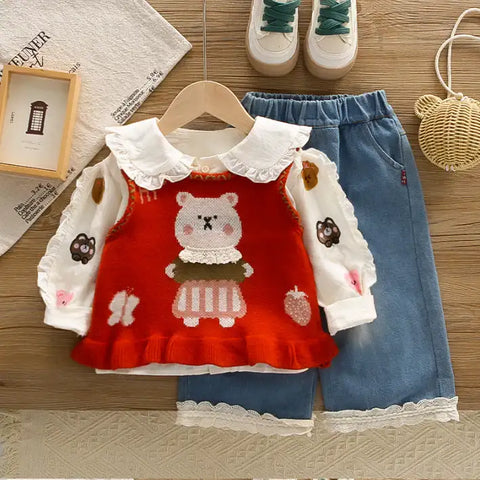 2-Piece Kids Bear Outfit with Denim Skirt – Pink or Red (1-5 Years)