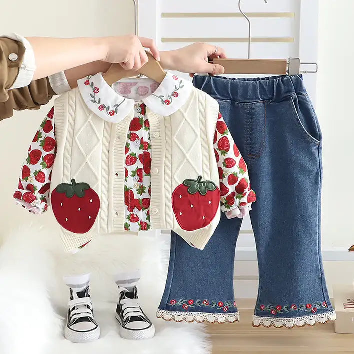 Toddler 3-Piece Strawberry Outfit with Vest, Shirt & Jeans – Red, White, Pink (1-5 Years)