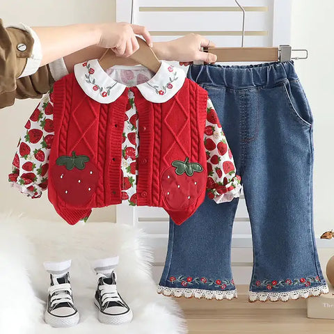 Toddler 3-Piece Strawberry Outfit with Vest, Shirt & Jeans – Red, White, Pink (1-5 Years)