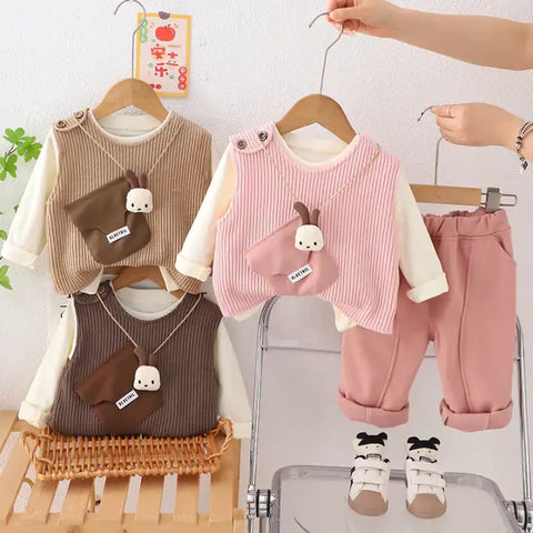 3-Piece Kids Vest Outfit with Plush Detail – Pink, Beige or Brown (1-5 Years)