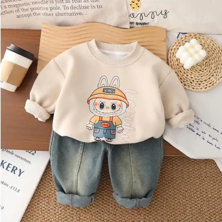 Kids Cartoon Sweatshirt & Jeans Outfit – Beige (1-5 Years)