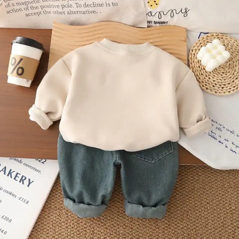 Kids Cartoon Sweatshirt & Jeans Outfit – Beige (1-5 Years)