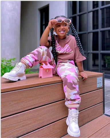 Barbie Crop Top & Pink Camo Pants Set – Girls 2–7Y