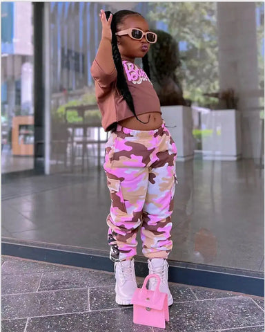 Barbie Crop Top & Pink Camo Pants Set – Girls 2–7Y