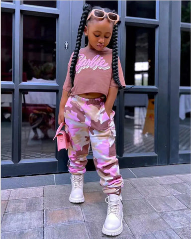Barbie Crop Top & Pink Camo Pants Set – Girls 2–7Y