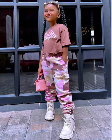 Barbie Crop Top & Pink Camo Pants Set – Girls 2–7Y