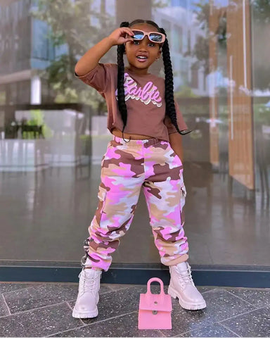 Barbie Crop Top & Pink Camo Pants Set – Girls 2–7Y