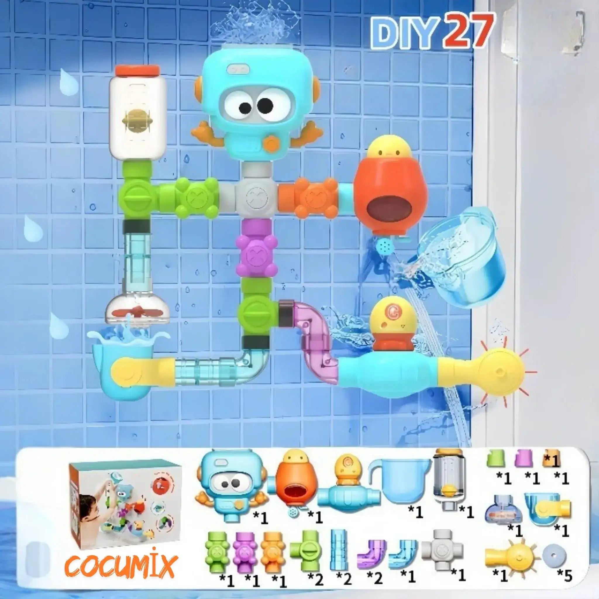 Robot Head Wall-Mounted Water Toy – 27-Piece Bath Fun Set