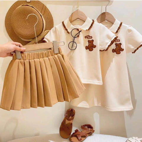 2-Piece Caramel Set for Girls – Polo Top & Pleated Skirt (Ages 2–7)