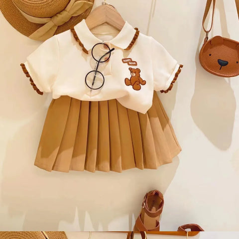 2-Piece Caramel Set for Girls – Polo Top & Pleated Skirt (Ages 2–7)