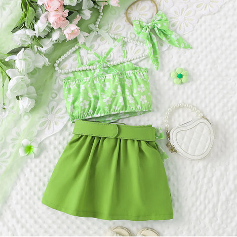 Green Floral 2-Piece Set for Girls – Bow Top & Pleated Skirt (Ages 1–5)