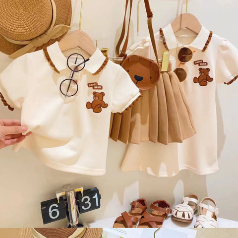 2-Piece Caramel Set for Girls – Polo Top & Pleated Skirt (Ages 2–7)