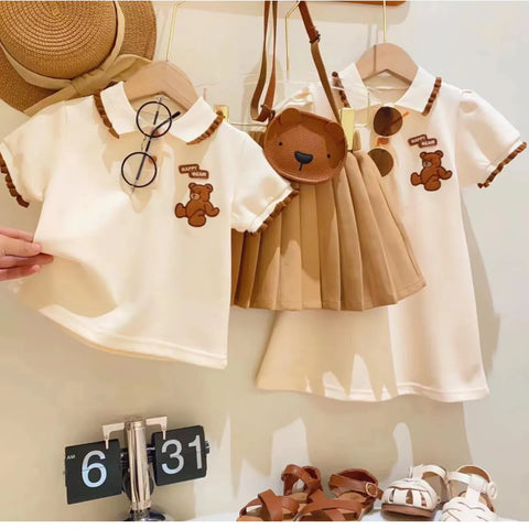 2-Piece Caramel Set for Girls – Polo Top & Pleated Skirt (Ages 2–7)