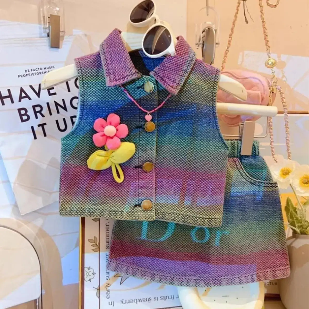 Colorburst Denim Dress with Flower Pin & Belt – Ages 2-8