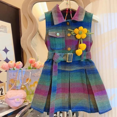 Colorburst Denim Dress with Flower Pin & Belt – Ages 2-8