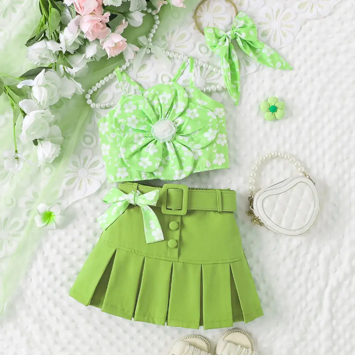 Green Floral 2-Piece Set for Girls – Bow Top & Pleated Skirt (Ages 1–5)