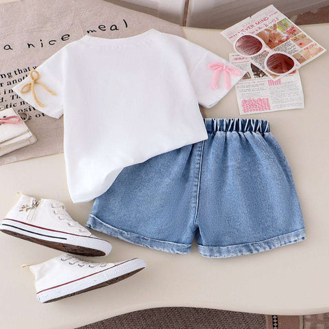 Girls' Summer Set – Bow Detail White T-Shirt & Denim Shorts (1-6 Years)