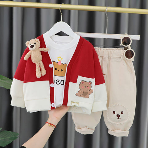 Toddler 3-Piece Animal Pocket Cardigan Set – Red, Brown, Pink (1-6 Years)