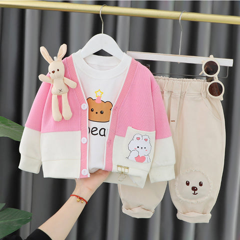 Toddler 3-Piece Animal Pocket Cardigan Set – Red, Brown, Pink (1-6 Years)