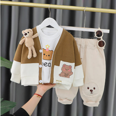 Toddler 3-Piece Animal Pocket Cardigan Set – Red, Brown, Pink (1-6 Years)